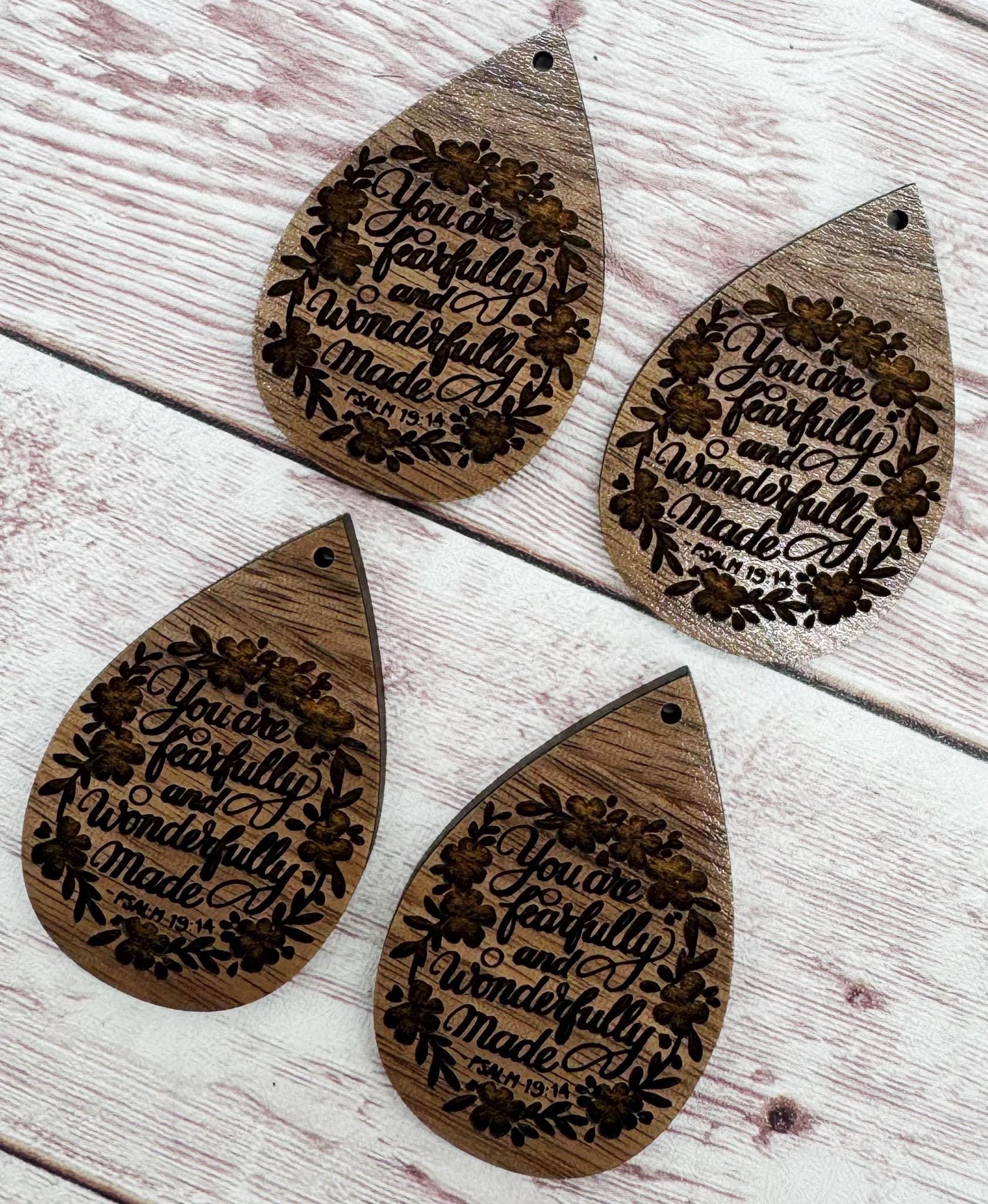 Religious Floral You Are Fearfully and Wonderfully Made Earring Blanks, Finished Walnut Blank, DIY Jewelry Making
