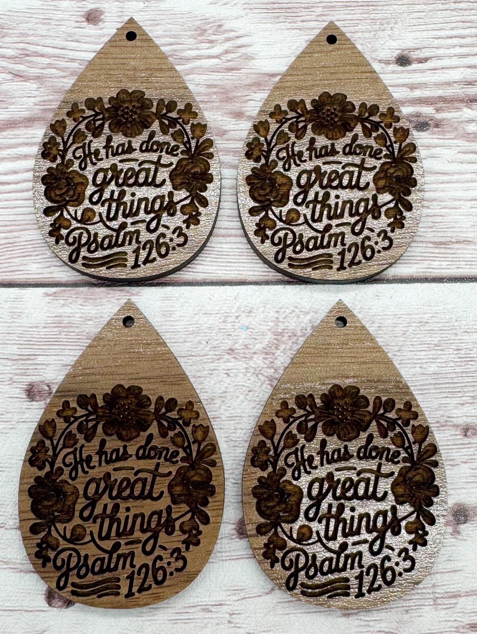 Religious Floral He Has Done Great Things Earring Blanks, Finished Walnut Blank, DIY Jewelry Making