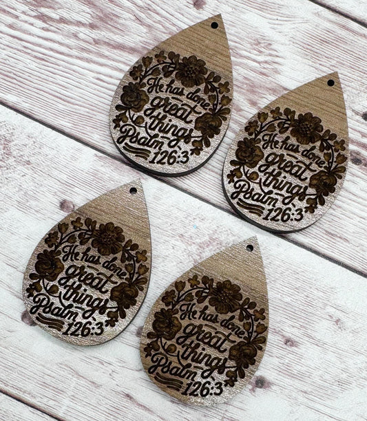 Religious Floral He Has Done Great Things Earring Blanks, Finished Walnut Blank, DIY Jewelry Making