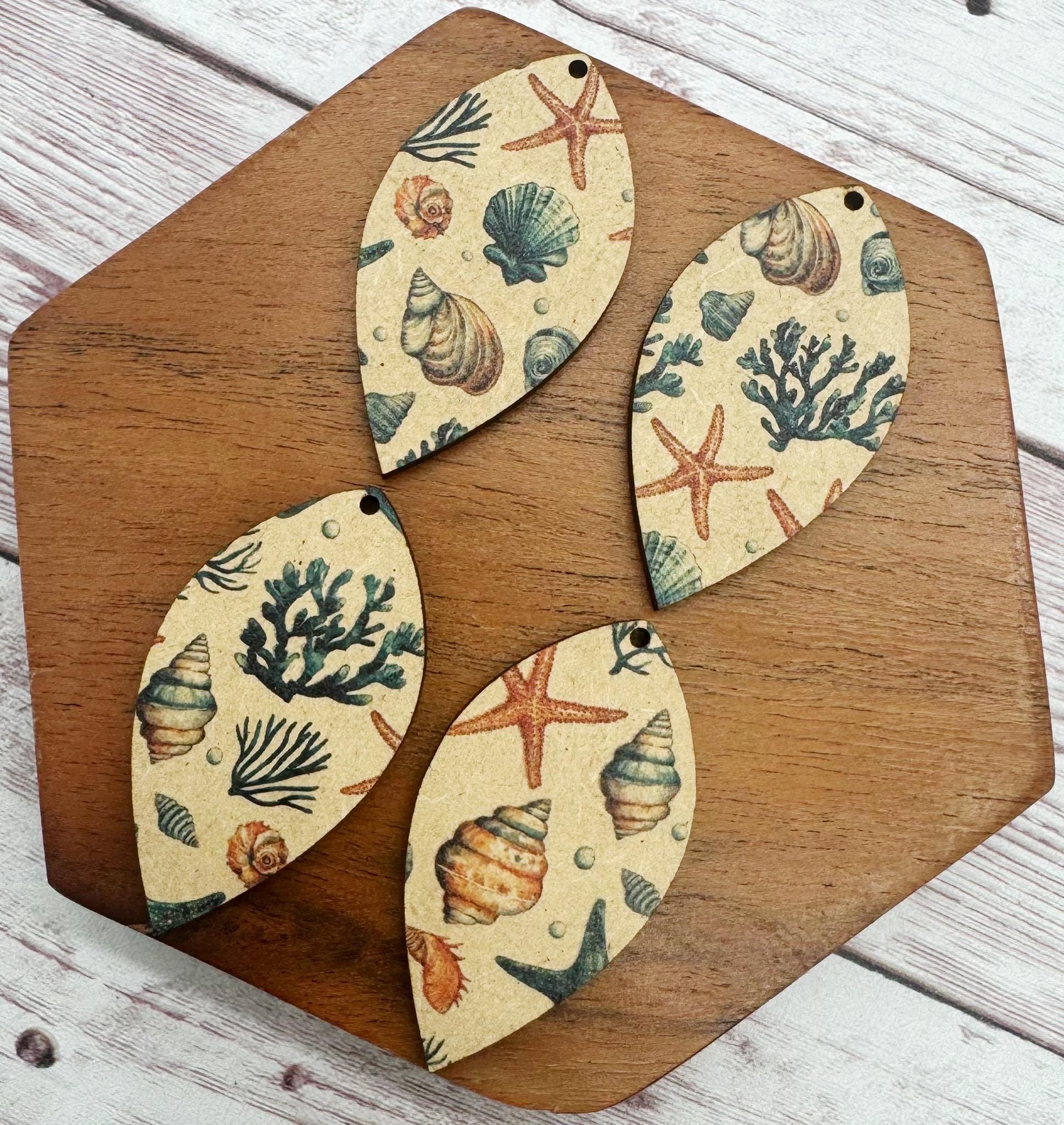 Patterned Beach Shell Starfish Print Summer Wood Earring Blanks, DIY Jewelry Making