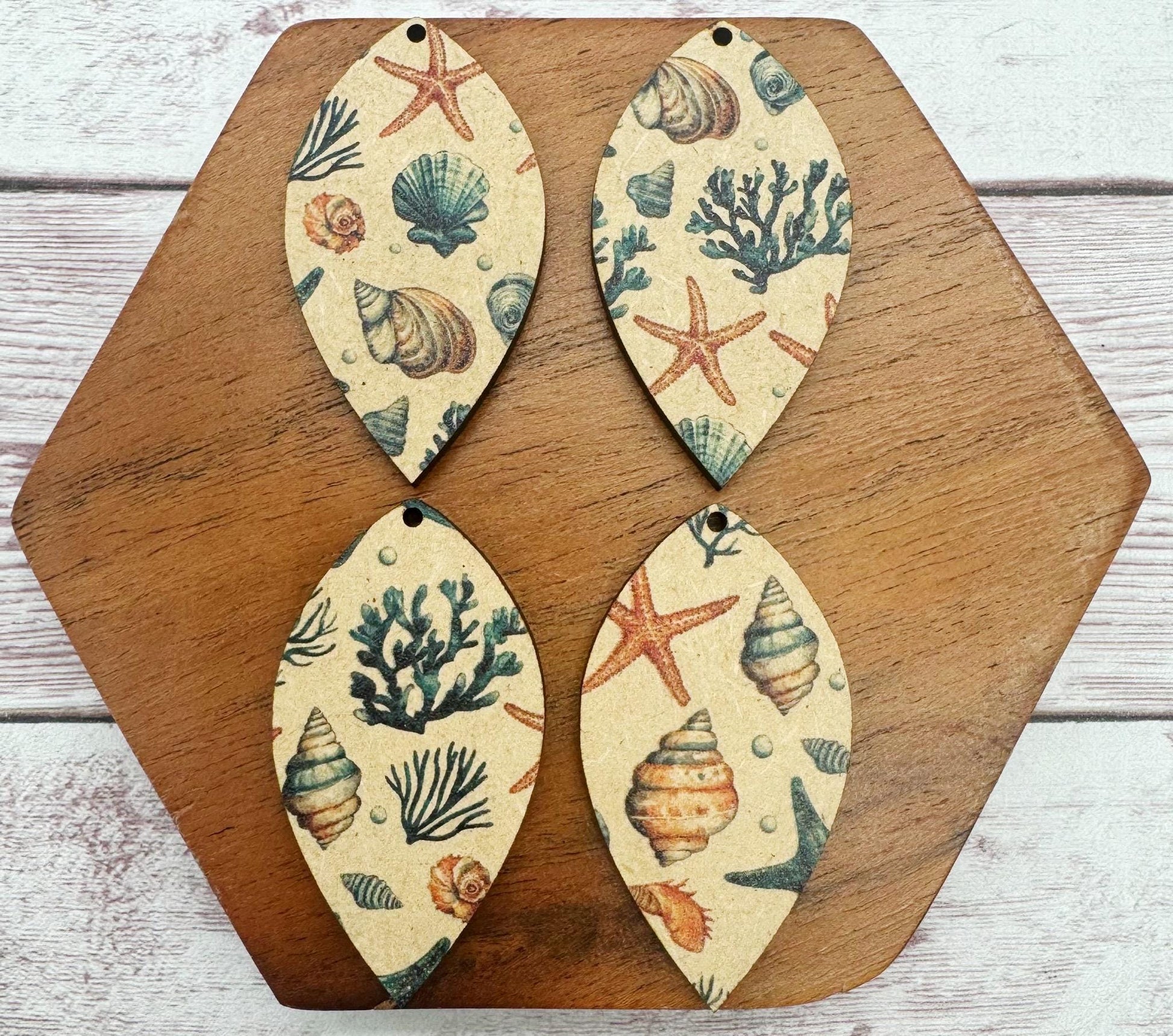 Patterned Beach Shell Starfish Print Summer Wood Earring Blanks, DIY Jewelry Making