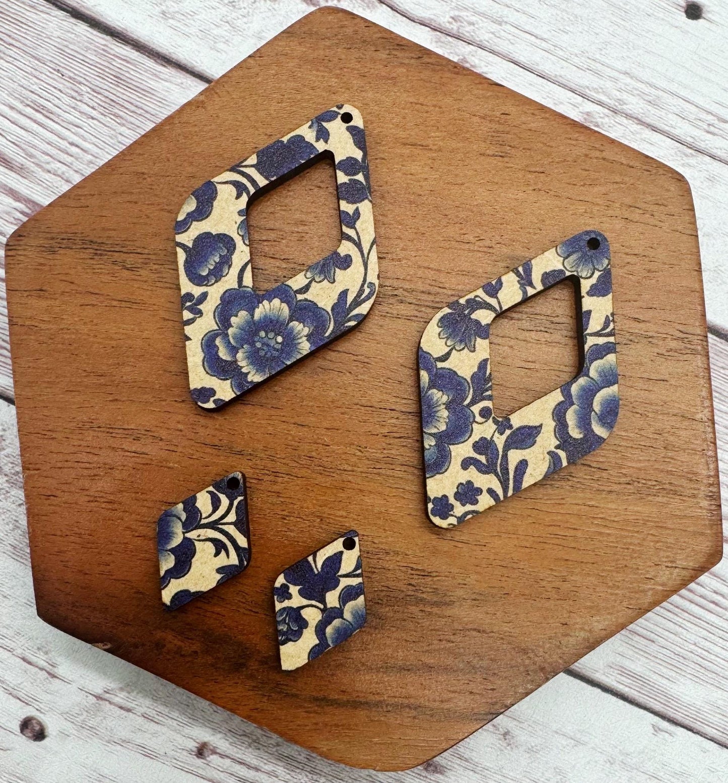 Set of 2 Pair Patterned Blue Floral Vine Print Wood Earring Blanks, DIY Jewelry Making