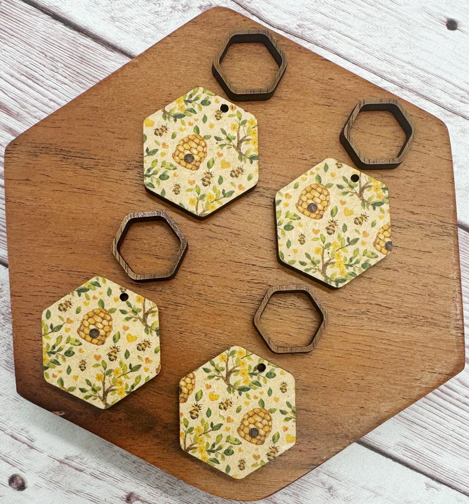 Patterned Bee Hive Print Double Hexagon Wood Earring Blank Set, DIY Jewelry Making