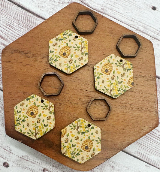 Patterned Bee Hive Print Double Hexagon Wood Earring Blank Set, DIY Jewelry Making