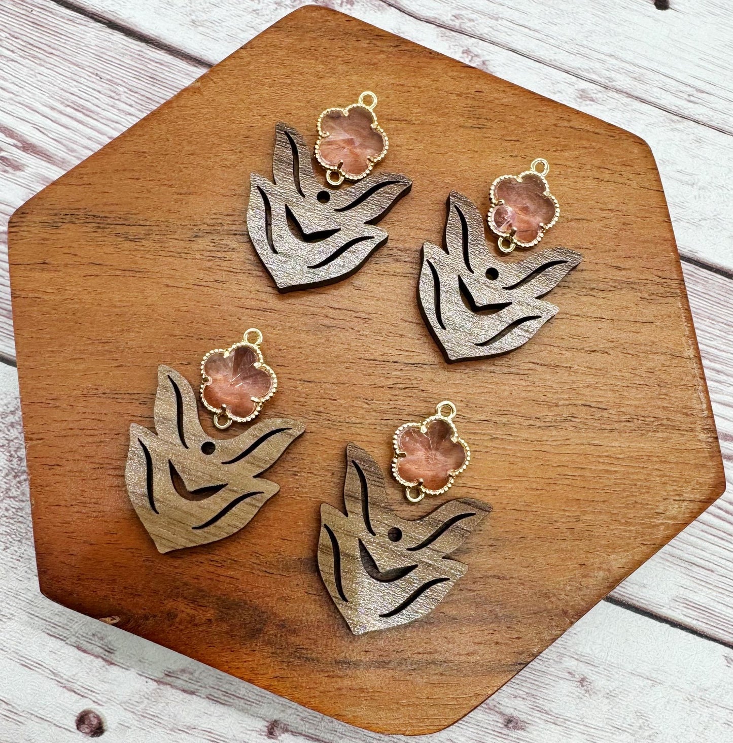 Light Pink Glass Flower Connector and Walnut Stem Set, Earring Blanks, DIY Jewelry Making
