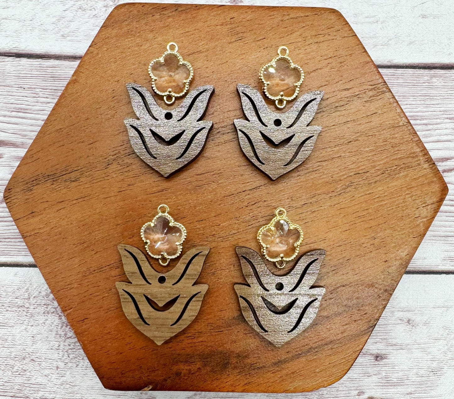 Clear Glass Flower Connector and Walnut Stem Set, Earring Blanks, DIY Jewelry Making