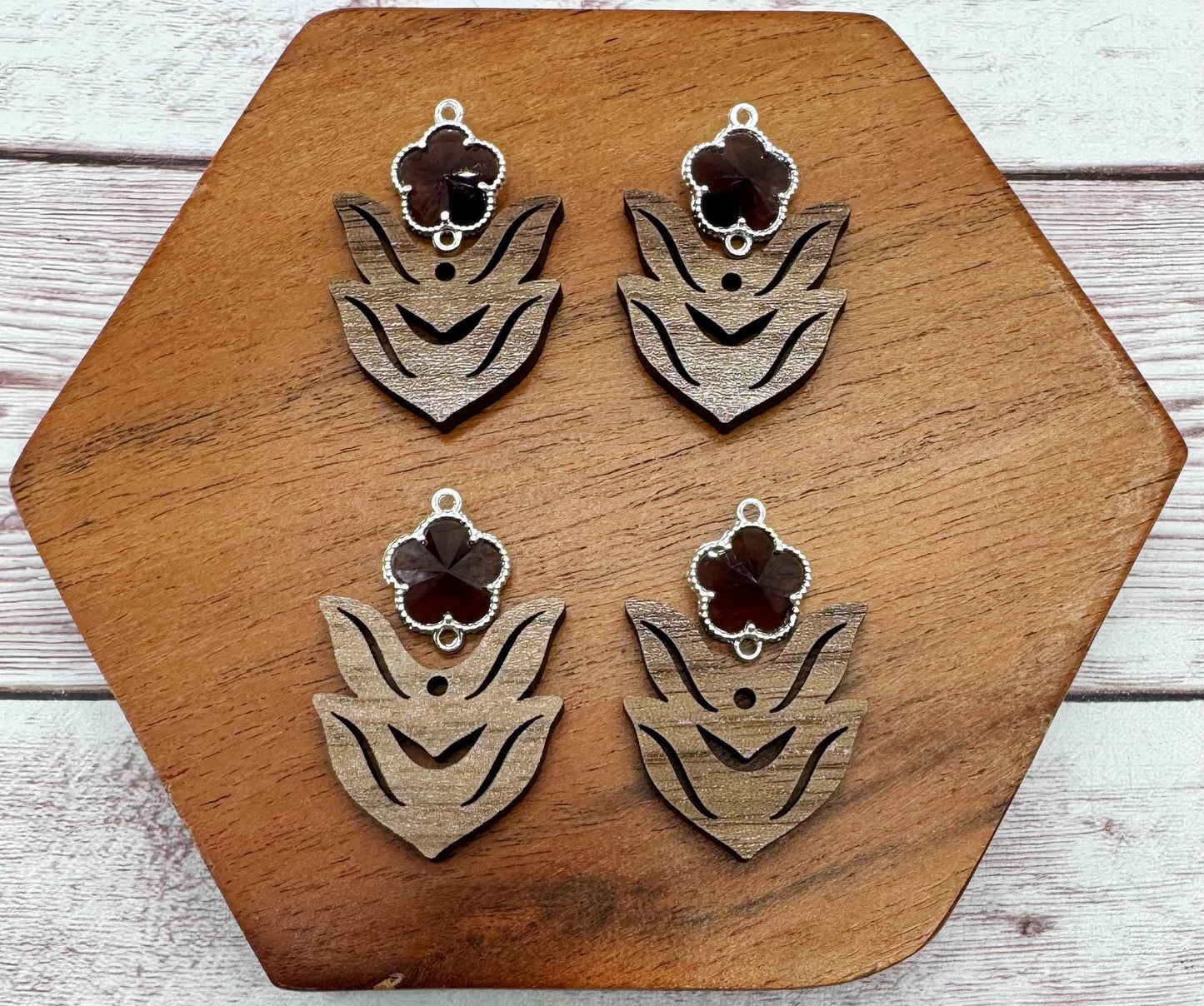 Indigo Dark Purple Glass Flower Connector and Walnut Stem Set, Earring Blanks, DIY Jewelry Making
