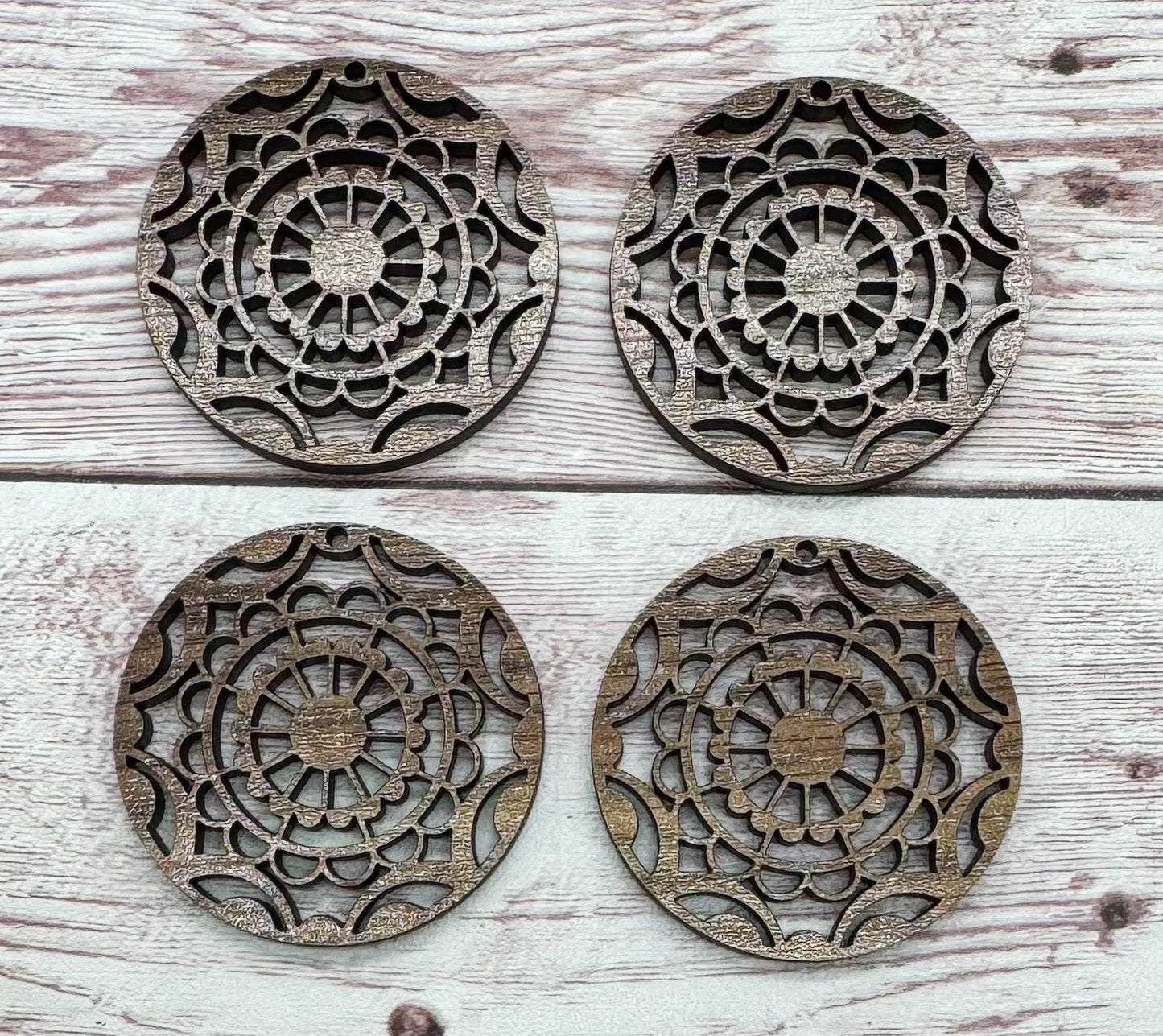 Wood Mandala Flower Circle Earring Blanks, Finished Walnut Blank, DIY Jewelry Making