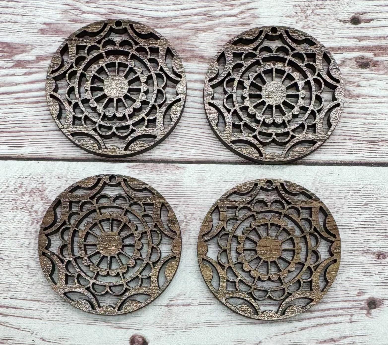 Wood Mandala Flower Circle Earring Blanks, Finished Walnut Blank, DIY Jewelry Making