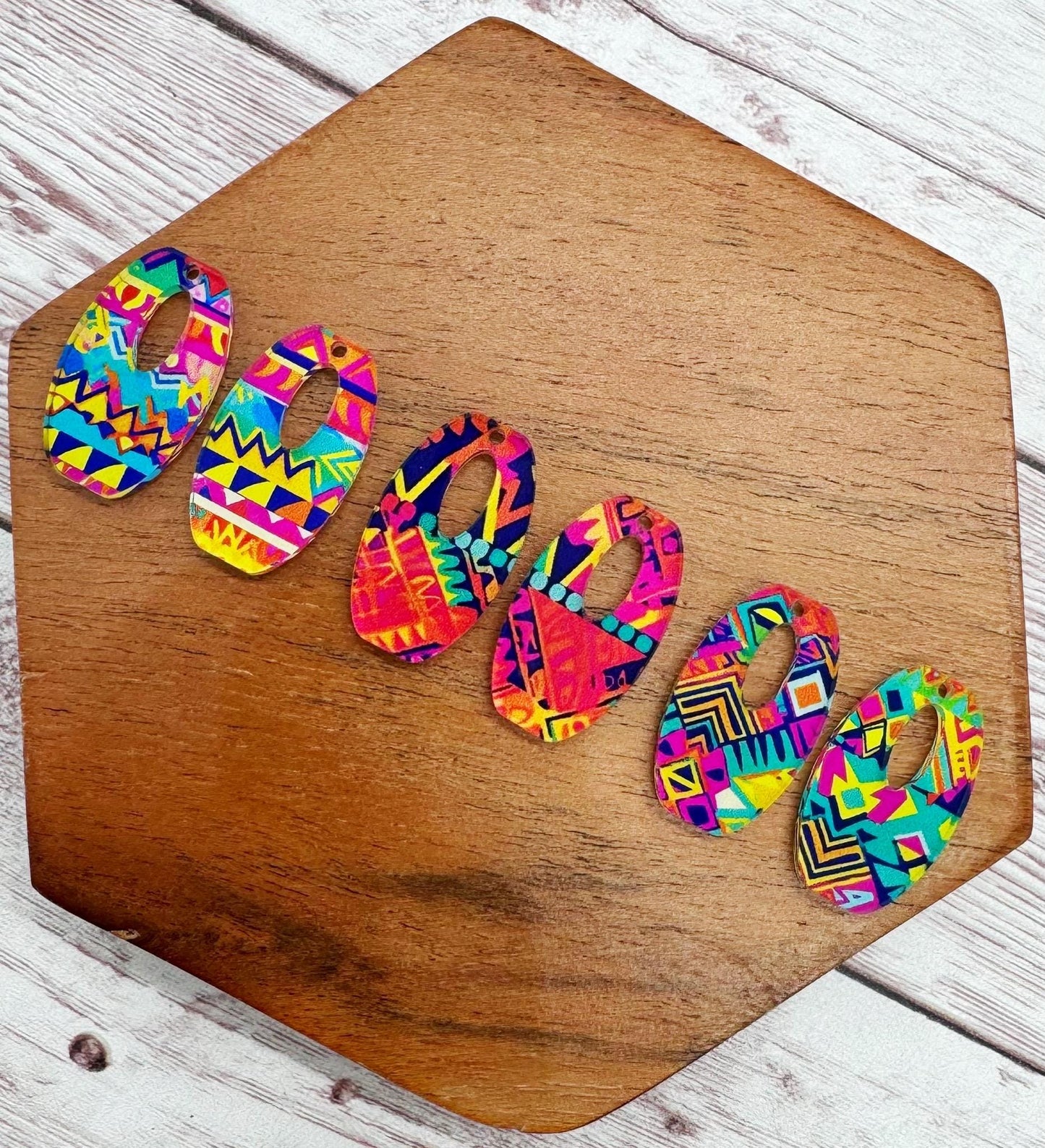 Set of 3 Pair Bright Aztec Southwest Print Mini Rounded Rectangle Earring Blanks, DIY Jewelry Making