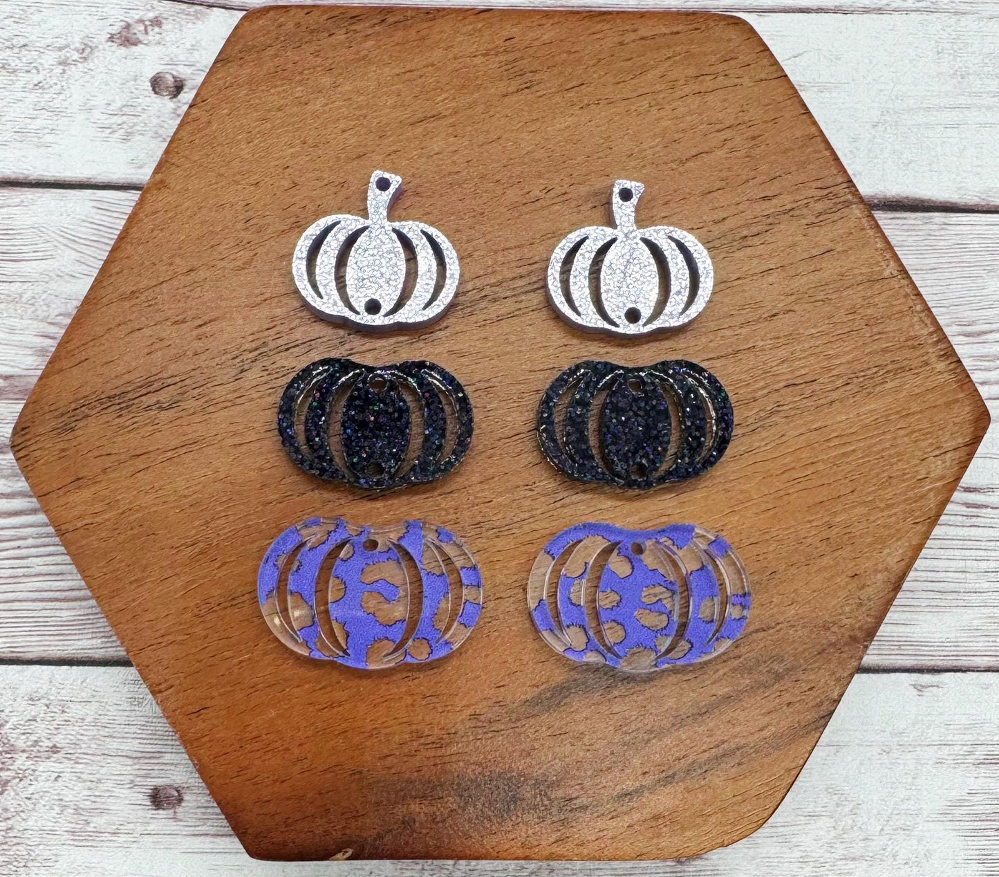 Purple Leopard Print and Glitter Stacked Pumpkin Trio Acrylic Earring Blanks, DIY Jewelry Making
