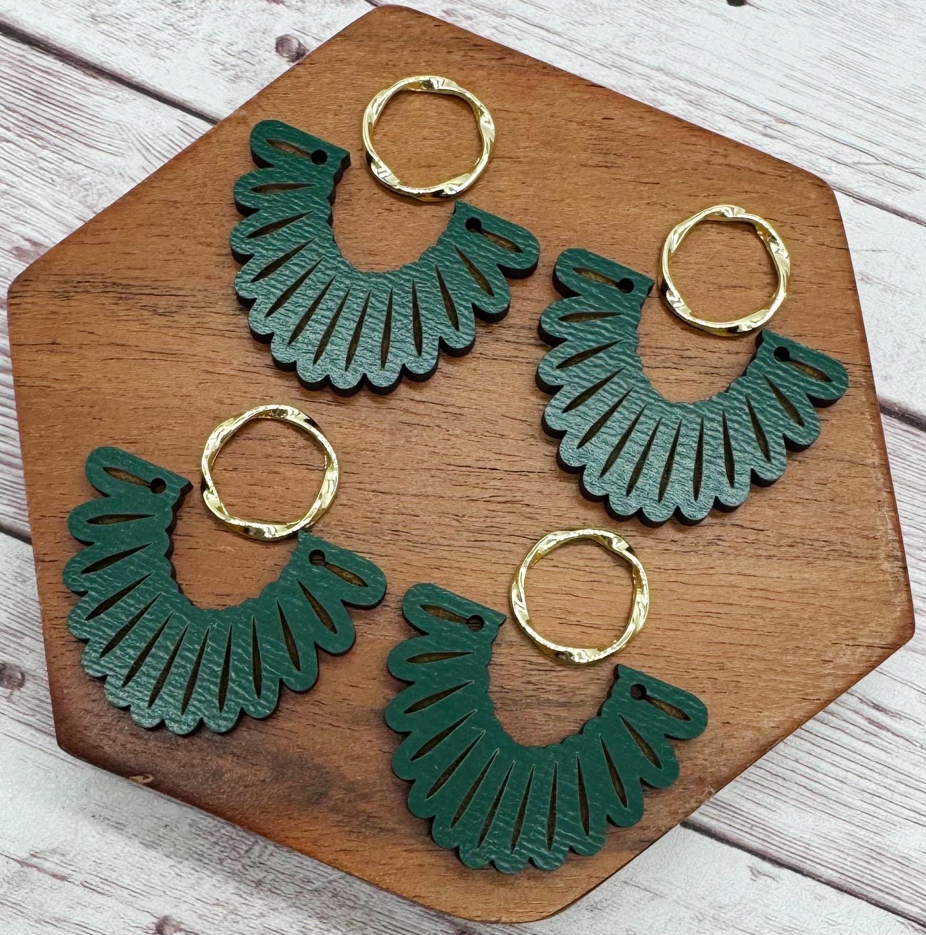 Engraved Scalloped Forest Green Wood and Wavy Gold Open Circle Connector Set Earring Blanks, DIY Jewelry Making