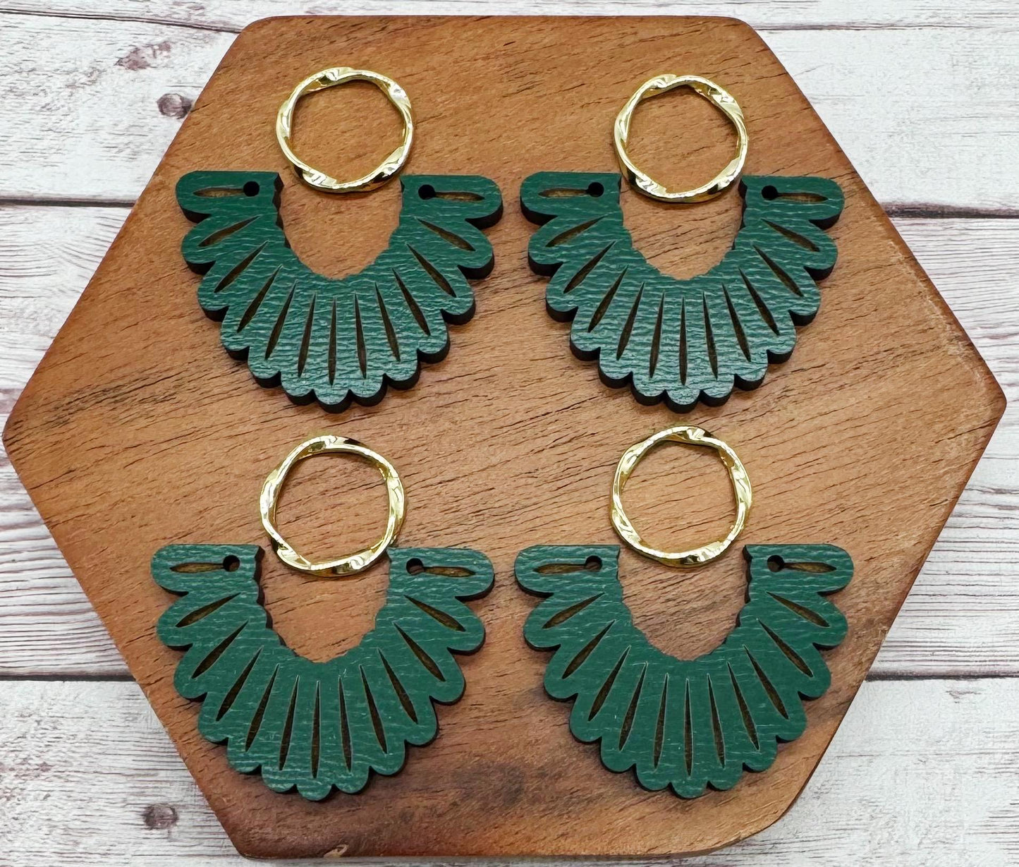 Engraved Scalloped Forest Green Wood and Wavy Gold Open Circle Connector Set Earring Blanks, DIY Jewelry Making