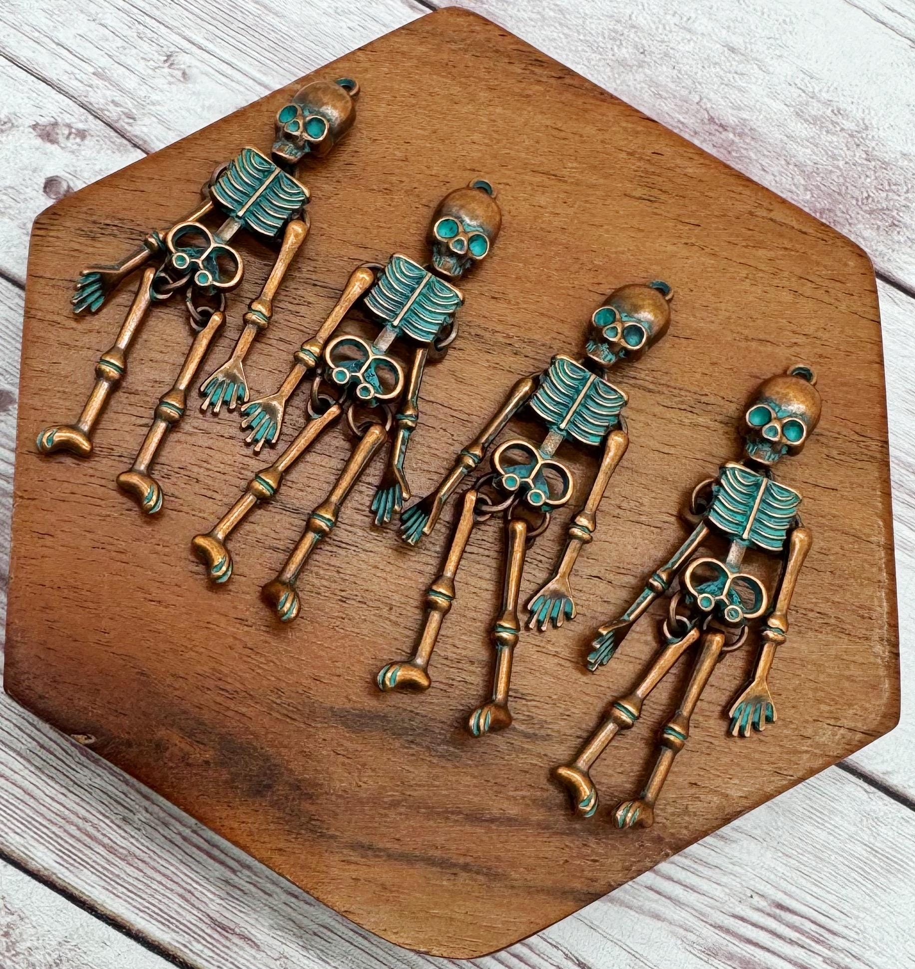 Skeleton Red Copper and Green Patina Earring Blanks, 61x13mm, Halloween Earring Findings, DIY Jewelry Making