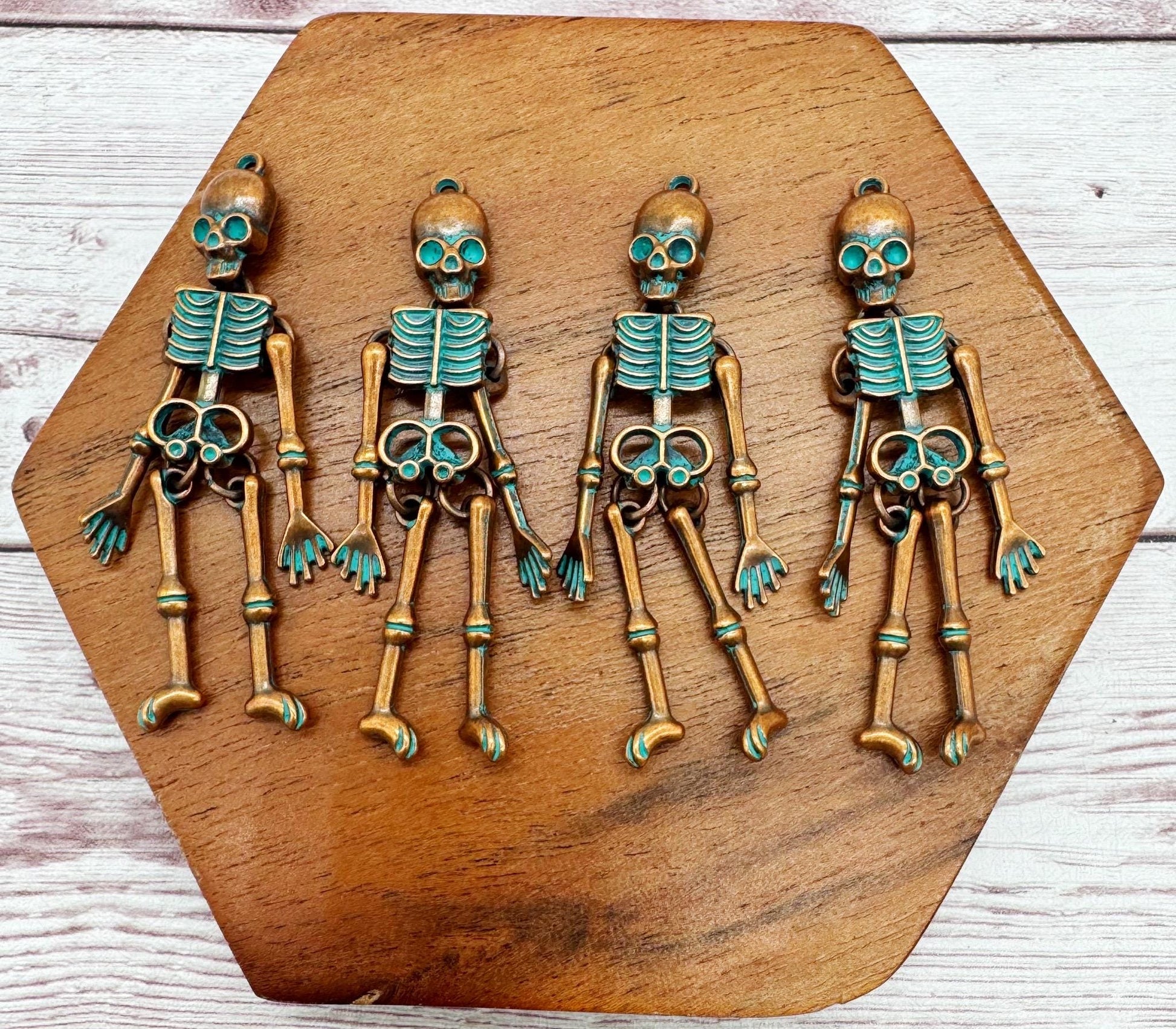 Skeleton Red Copper and Green Patina Earring Blanks, 61x13mm, Halloween Earring Findings, DIY Jewelry Making