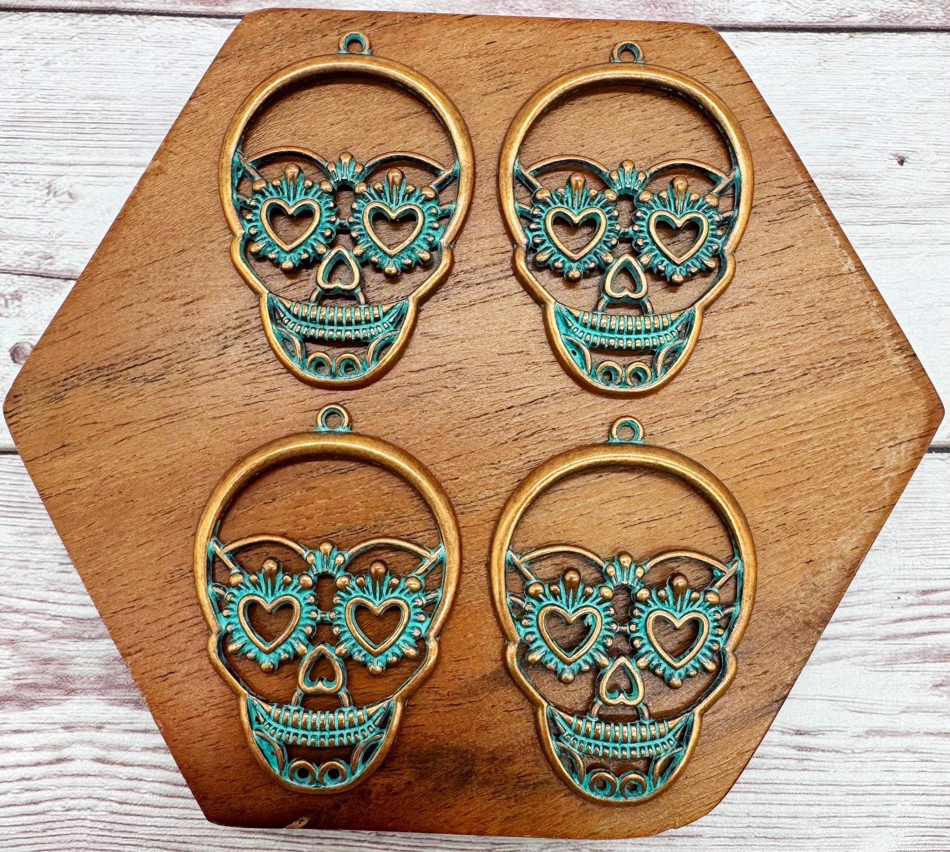 Sugar Skull Red Copper and Green Patina Earring Blanks, 41x31.5mm, Halloween Earring Findings, DIY Jewelry Making
