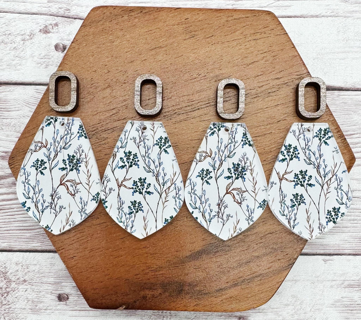 Patterned Neutral Foilage Acrylic and Wood Rectangle Connector Set Earring Blanks, DIY Jewelry Making