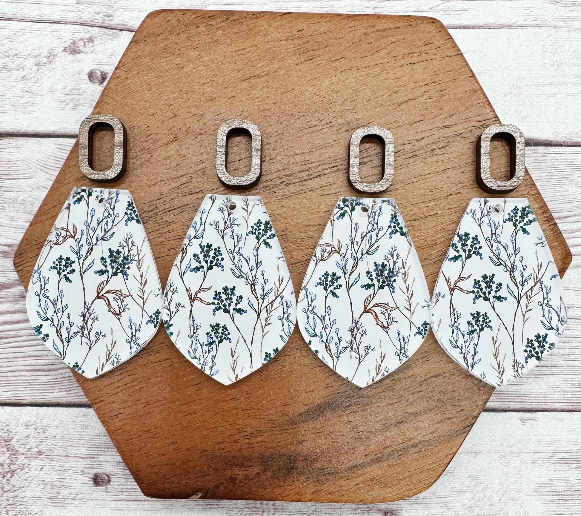 Patterned Neutral Foilage Acrylic and Wood Rectangle Connector Set Earring Blanks, DIY Jewelry Making