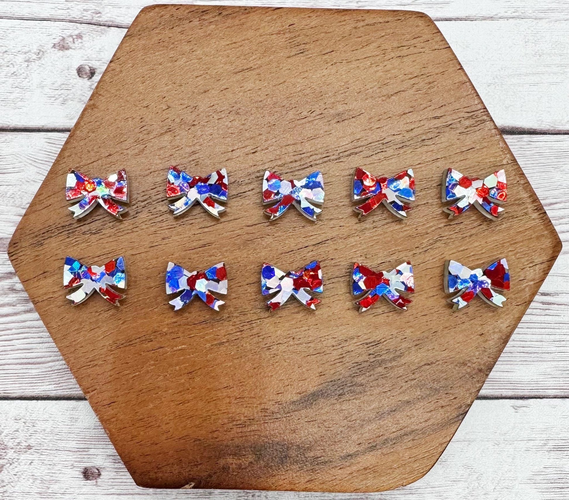 Patriotic Glitter Bow 4th of July Stud Earring Blanks Set of 5 Pair DIY Jewelry Making