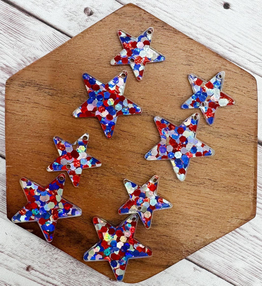 Red, White and Blue Patriotic Glitter Star Duo 4th of July Acrylic Set Earring Blanks, DIY Jewelry Making