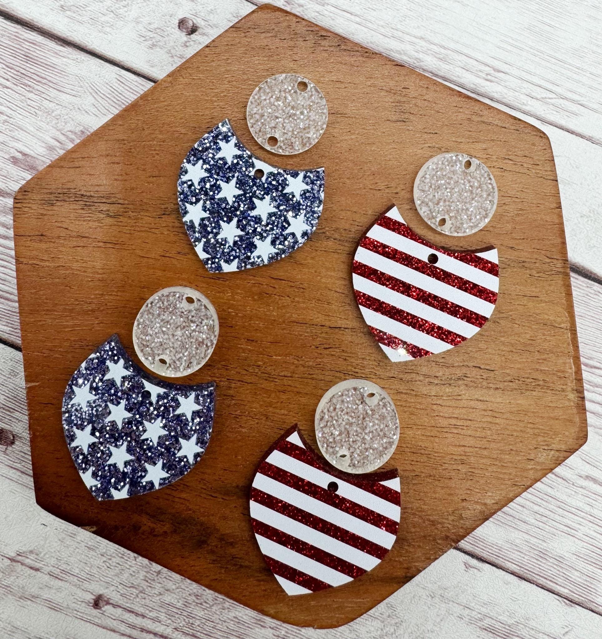 Red, White and Blue Glitter Patriotic Stars and Stripes Acrylic With Circle Connector Set, Earring Blanks, DIY Jewelry Making