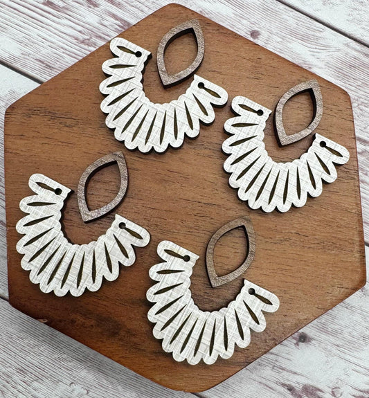 Engraved Scalloped Linen Print Wood and Open Wood Cat Eye Connector Set Earring Blanks, DIY Jewelry Making