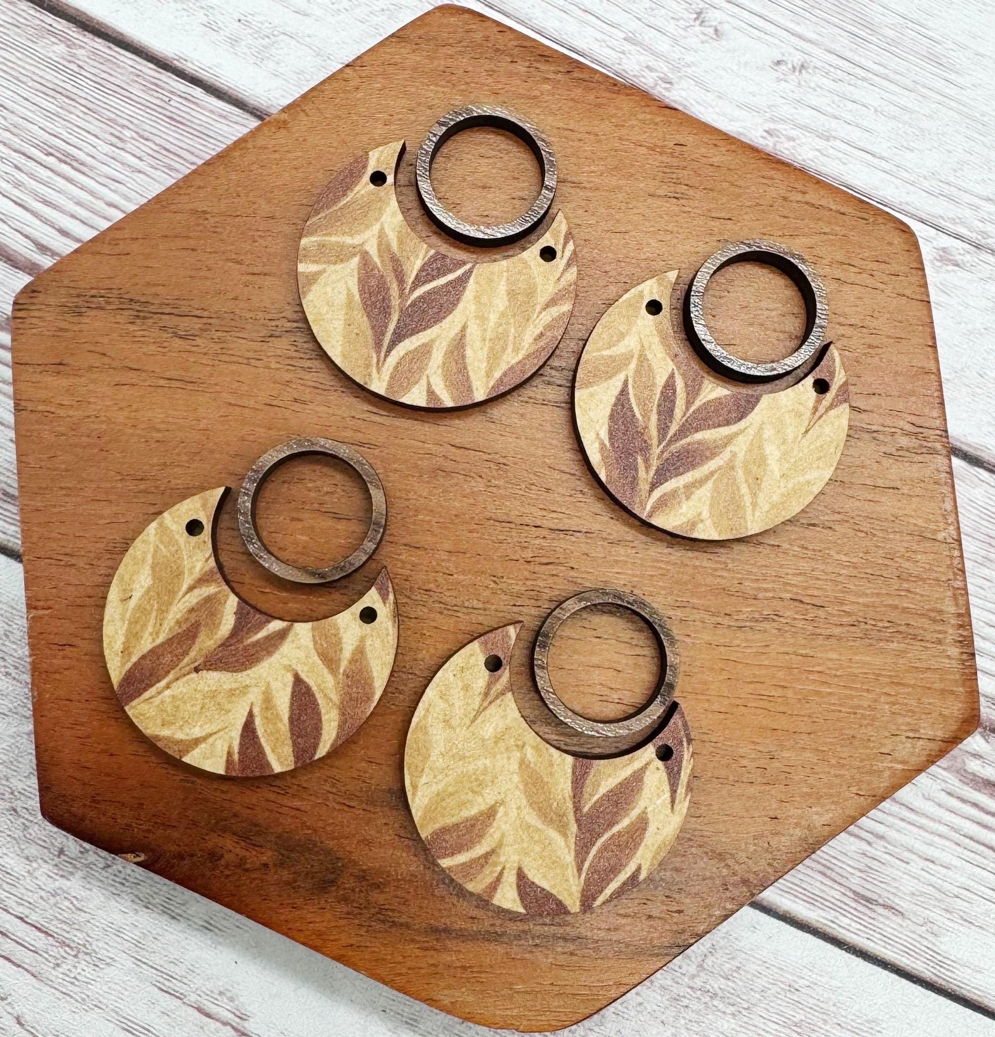Patterned Brown Leaf Print Wood and Wood Open Circle Connector Earring Blank Set, DIY Jewelry Making