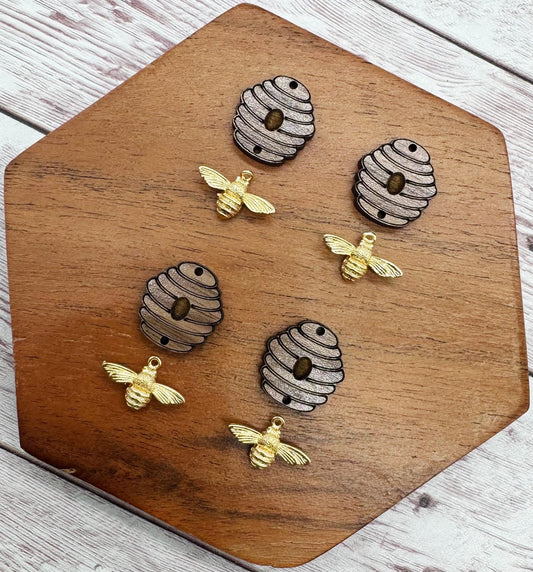 Engraved Wood Beehive and Gold Bee Set Earring Blanks, DIY Jewelry Making