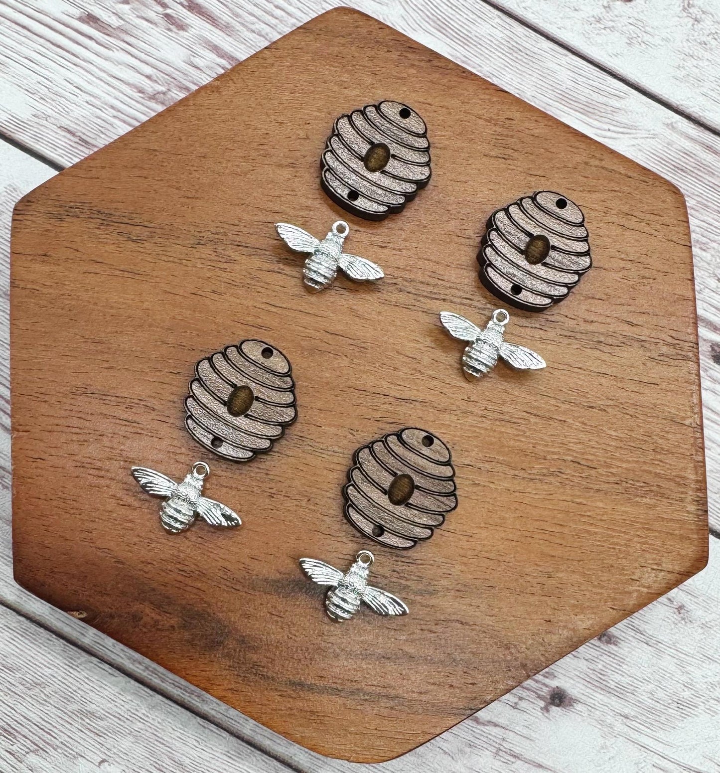 Engraved Wood Beehive and Silver Bee Set Earring Blanks, DIY Jewelry Making