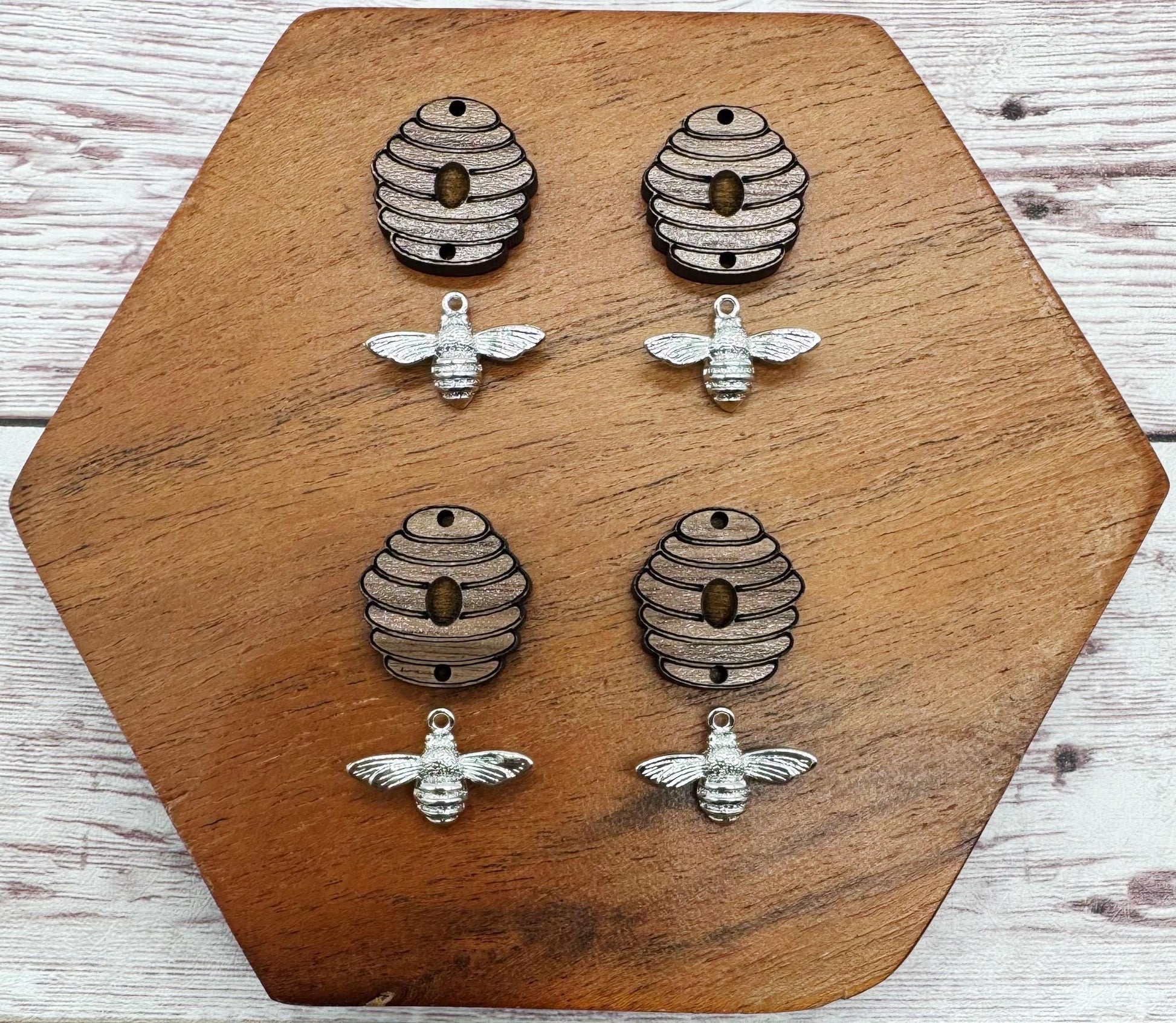 Engraved Wood Beehive and Silver Bee Set Earring Blanks, DIY Jewelry Making