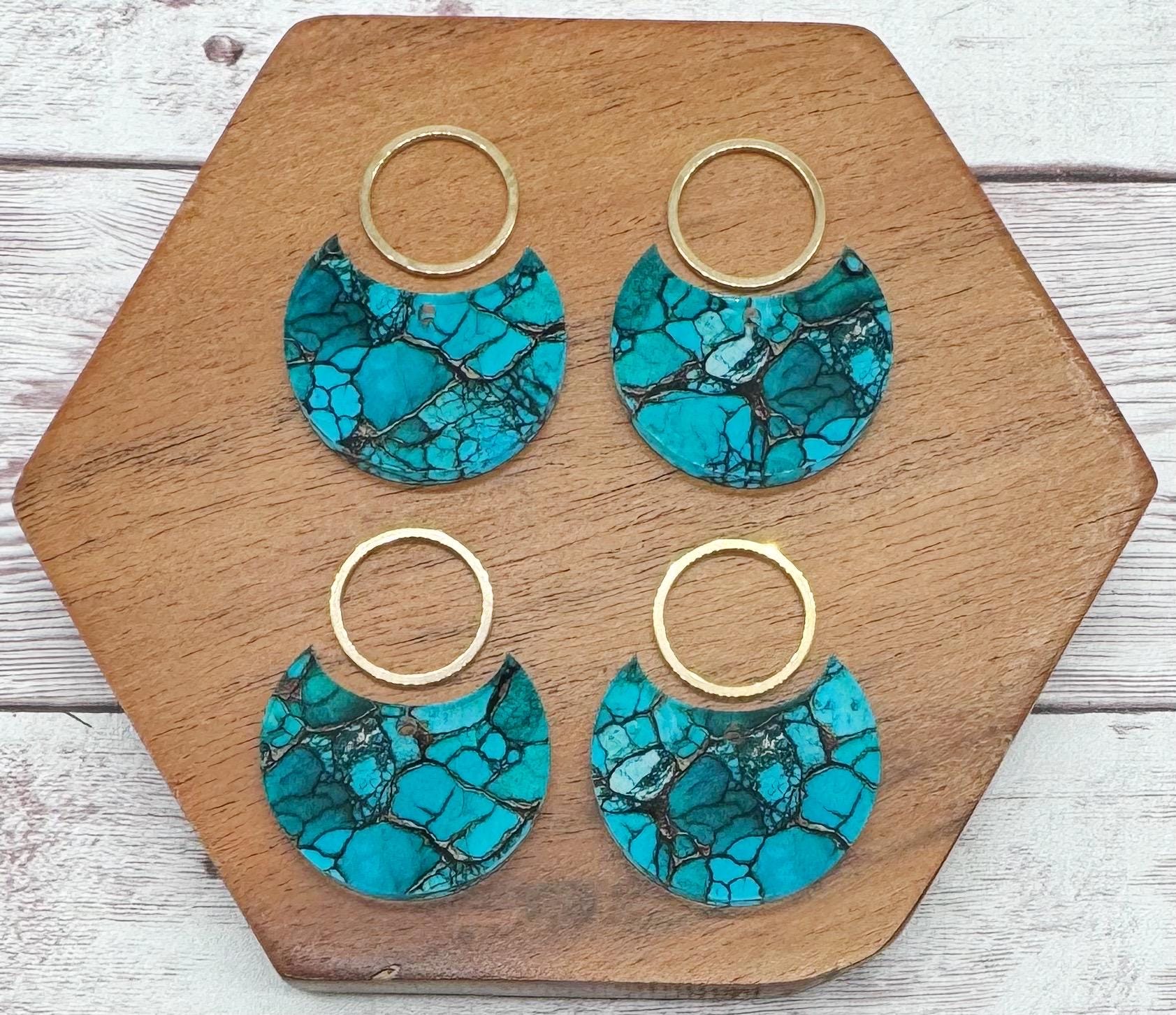Patterned Turquoise Print Acrylic and Gold Circle Set Earring Blanks, DIY Jewelry Making