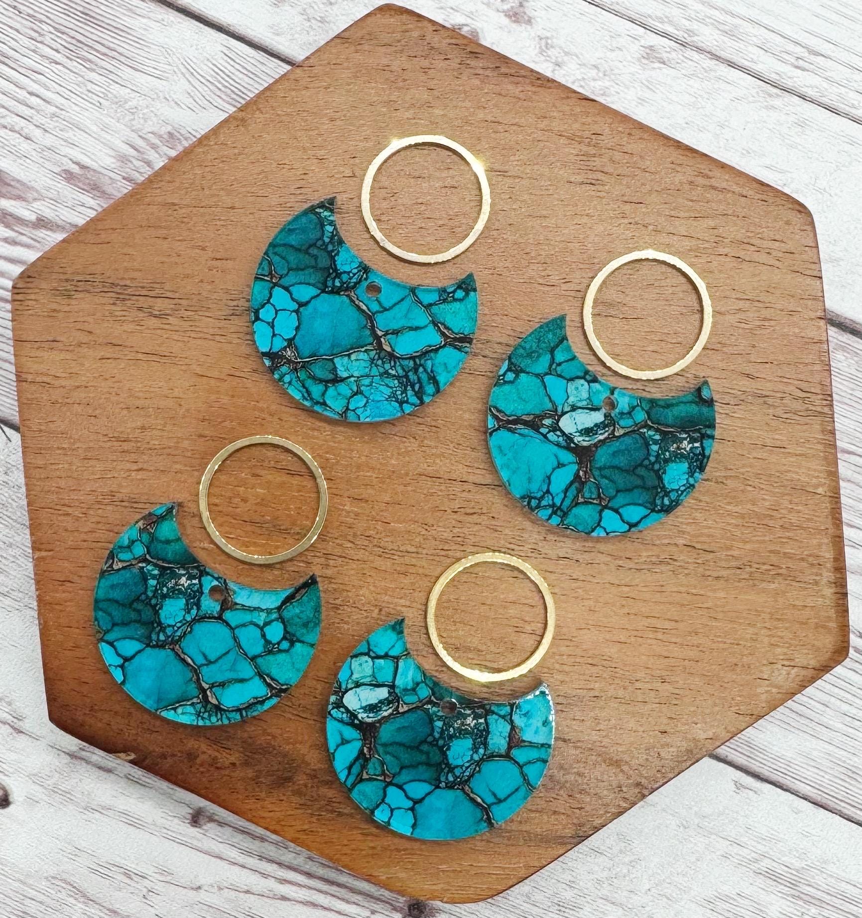 Patterned Turquoise Print Acrylic and Gold Circle Set Earring Blanks, DIY Jewelry Making