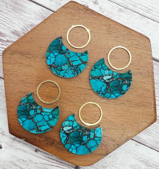 Patterned Turquoise Print Acrylic and Gold Circle Set Earring Blanks, DIY Jewelry Making