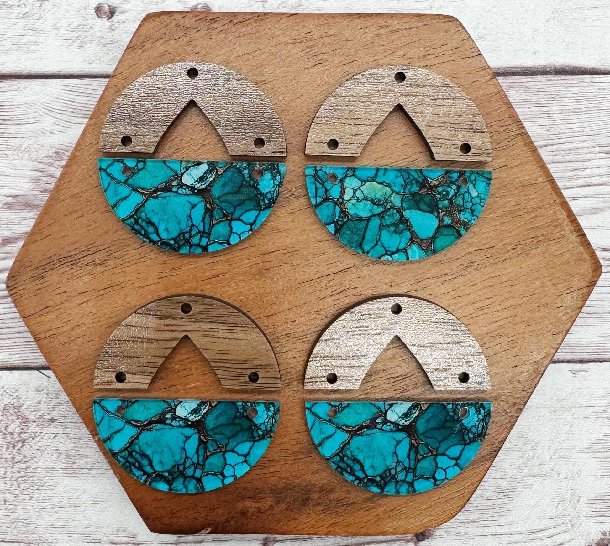 Patterned Turquoise Print Acrylic and Wood Topper Earring Blanks, DIY Jewelry Making