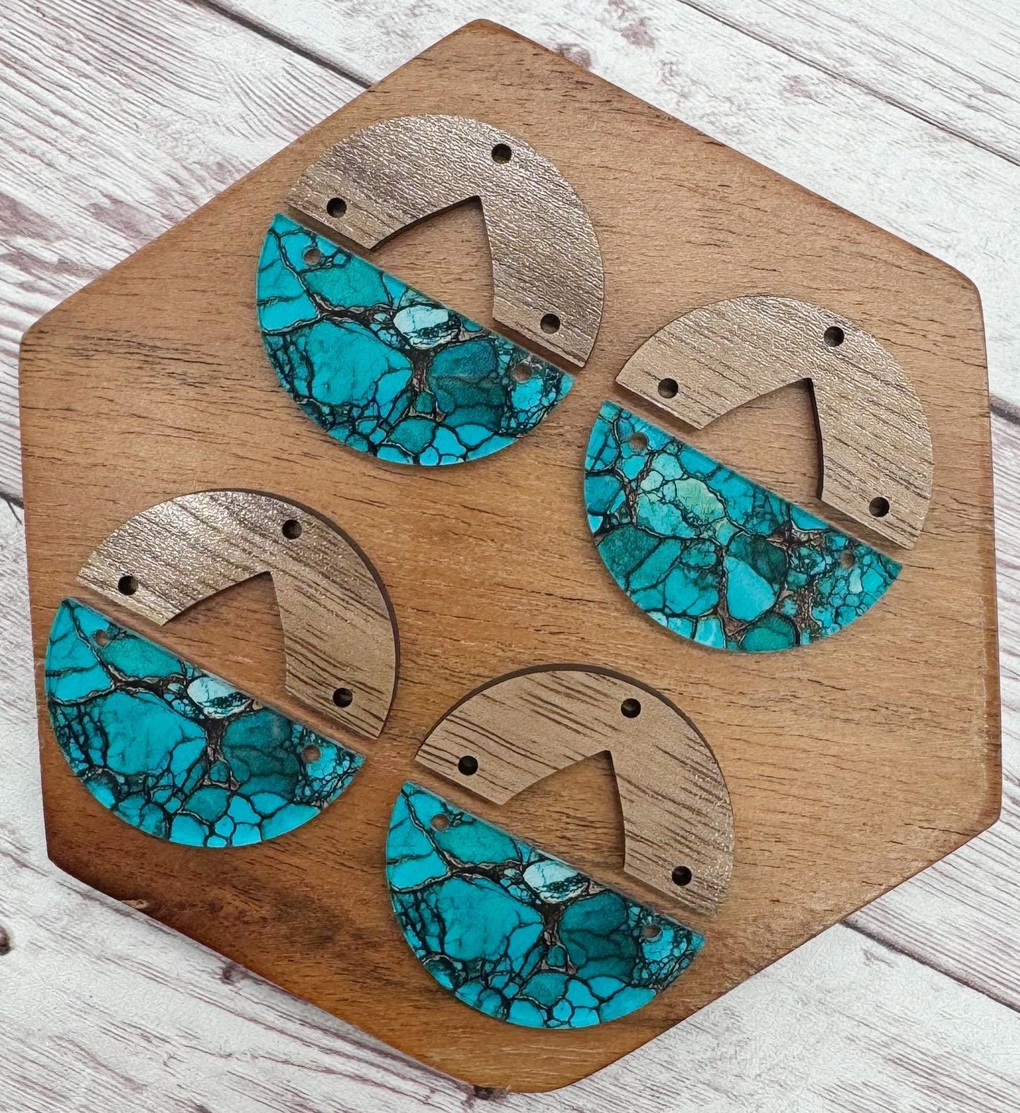 Patterned Turquoise Print Acrylic and Wood Topper Earring Blanks, DIY Jewelry Making