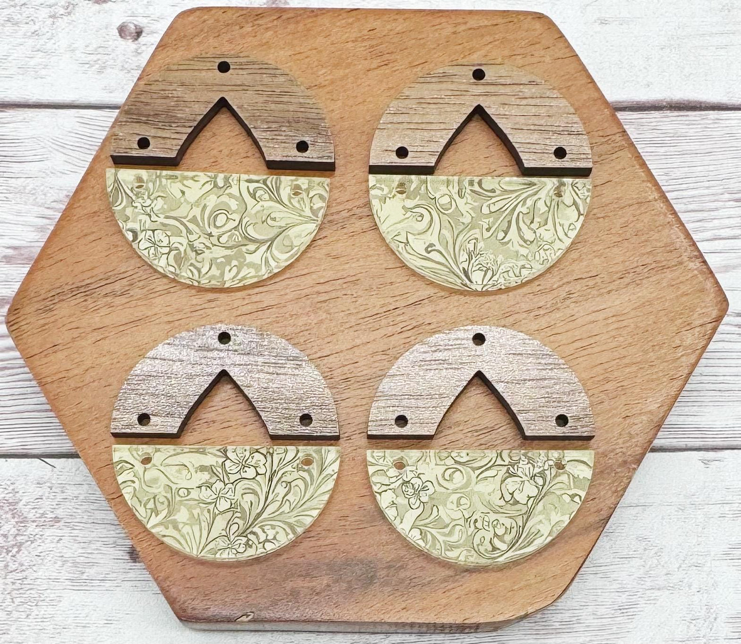 Patterned Tooled Country Leather Print Acrylic and Wood Topper Earring Blanks, DIY Jewelry Making