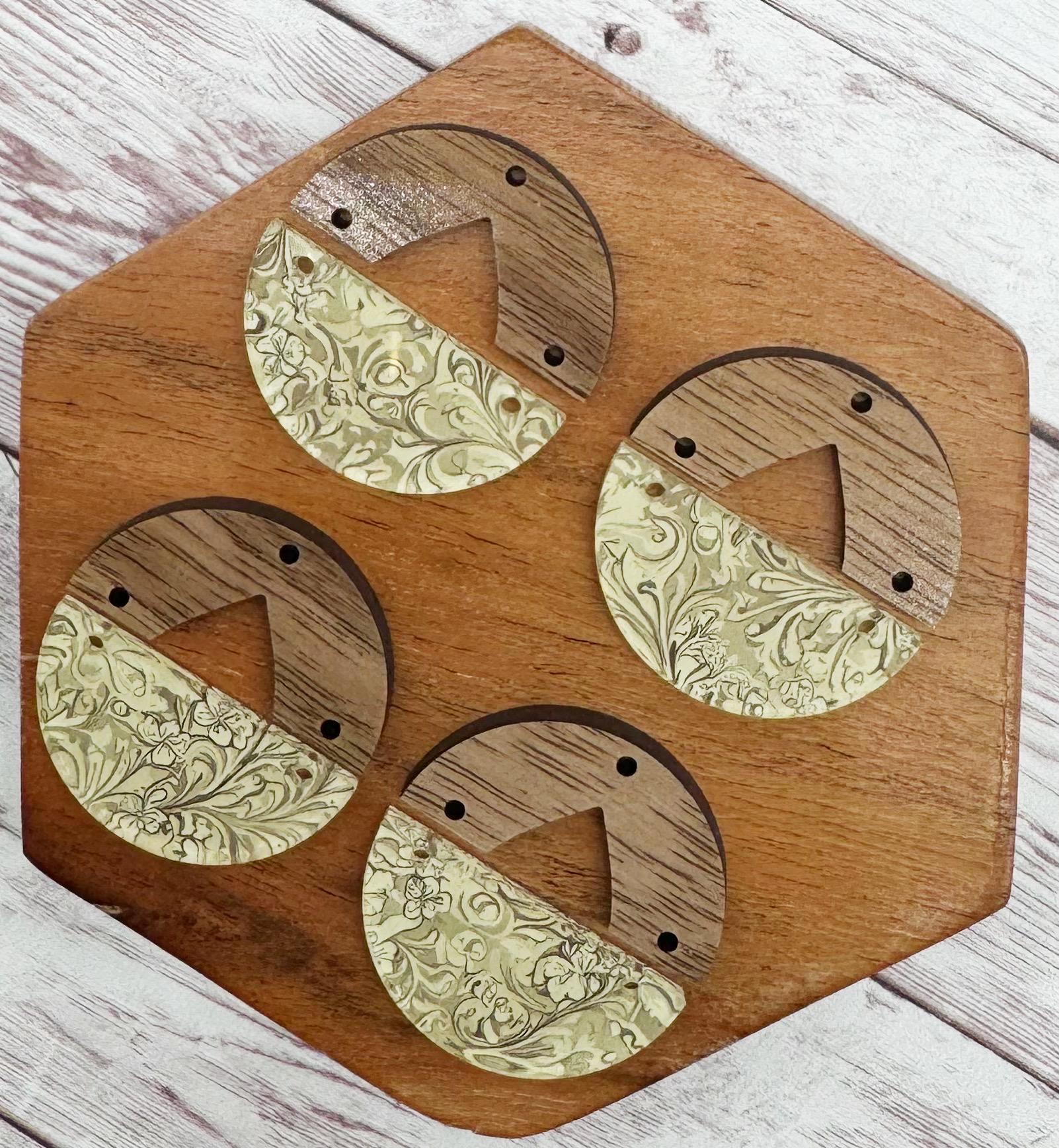 Patterned Tooled Country Leather Print Acrylic and Wood Topper Earring Blanks, DIY Jewelry Making