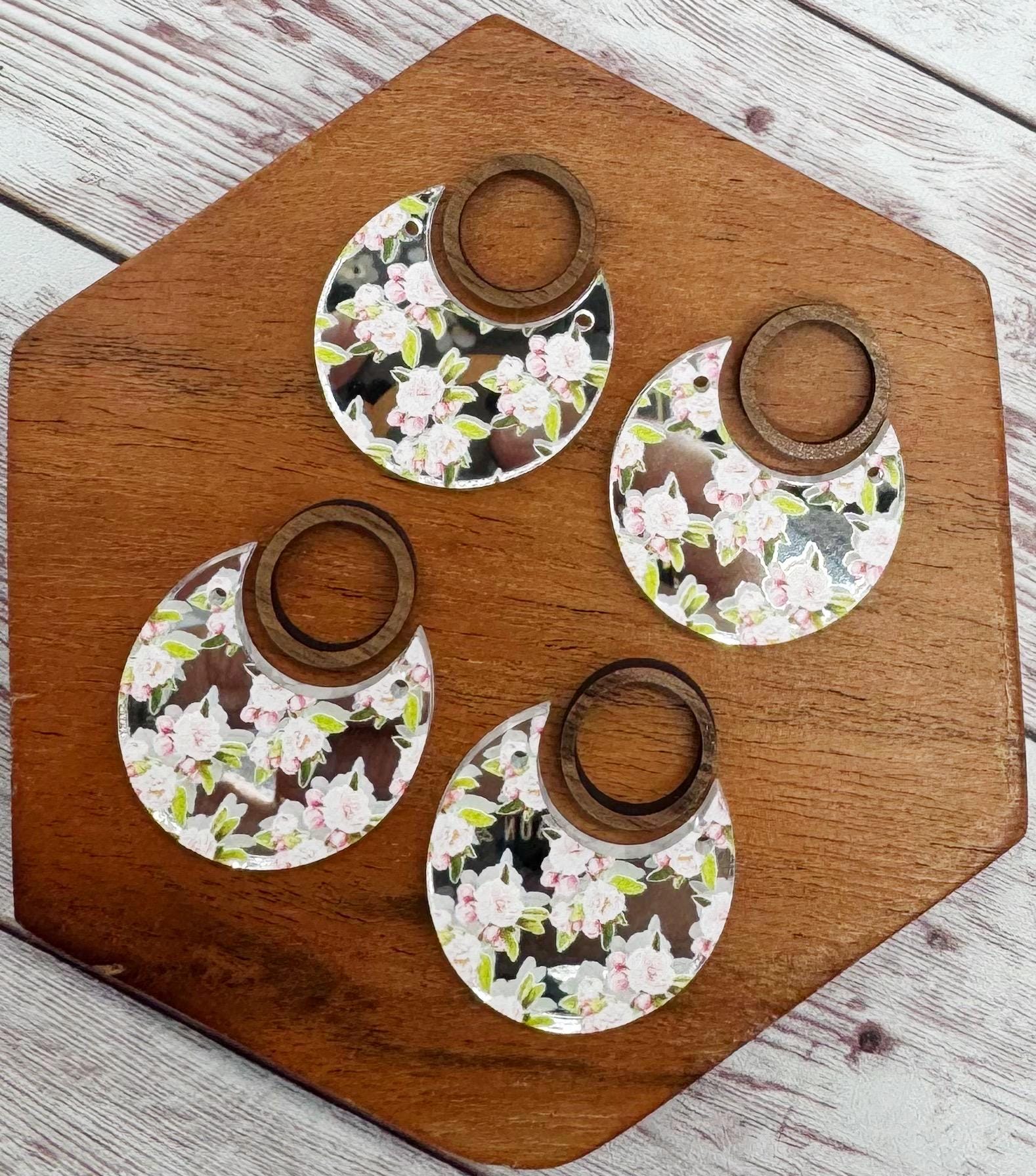 Floral Print on Silver Mirrored Acrylic and Wood Open Circle Connector Earring Blank Set, DIY Jewelry Making
