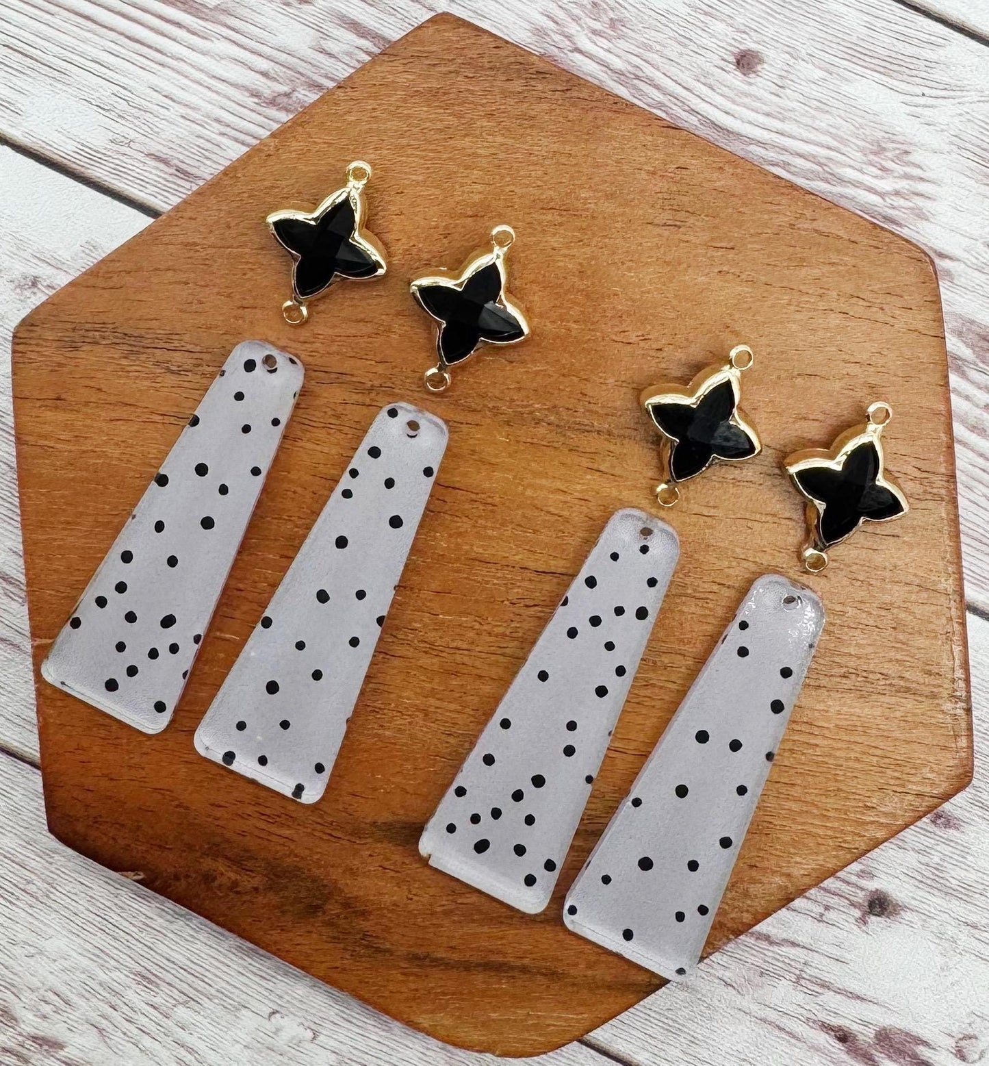 Purple and Black Polka Dot Acrylic and Black Glass Connector Set, Earring Blanks, DIY Jewelry Making