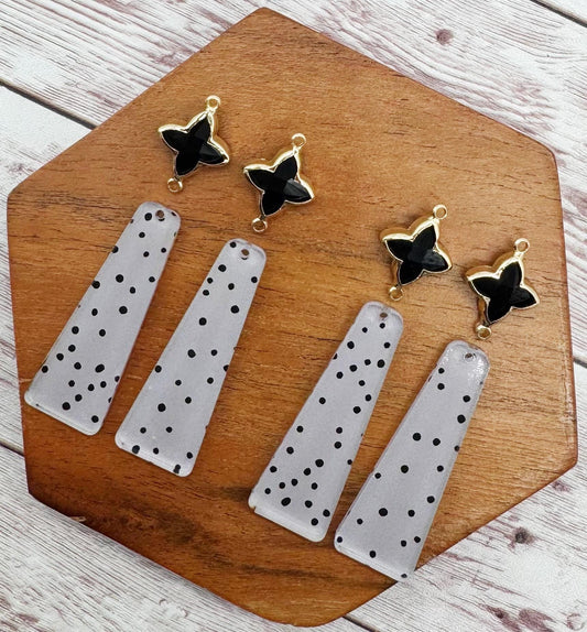 Purple and Black Polka Dot Acrylic and Black Glass Connector Set, Earring Blanks, DIY Jewelry Making