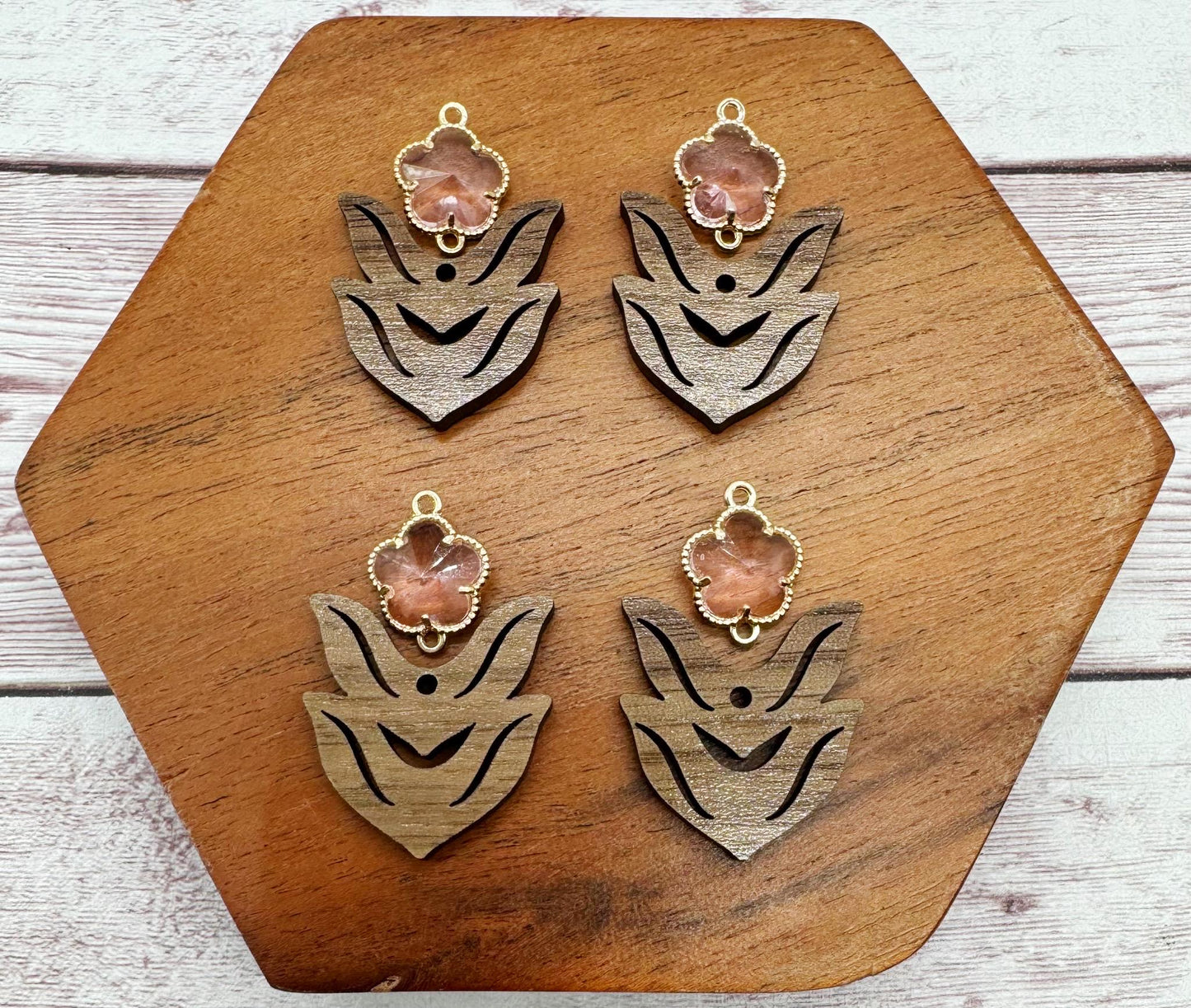 Light Pink Glass Flower Connector and Walnut Stem Set, Earring Blanks, DIY Jewelry Making