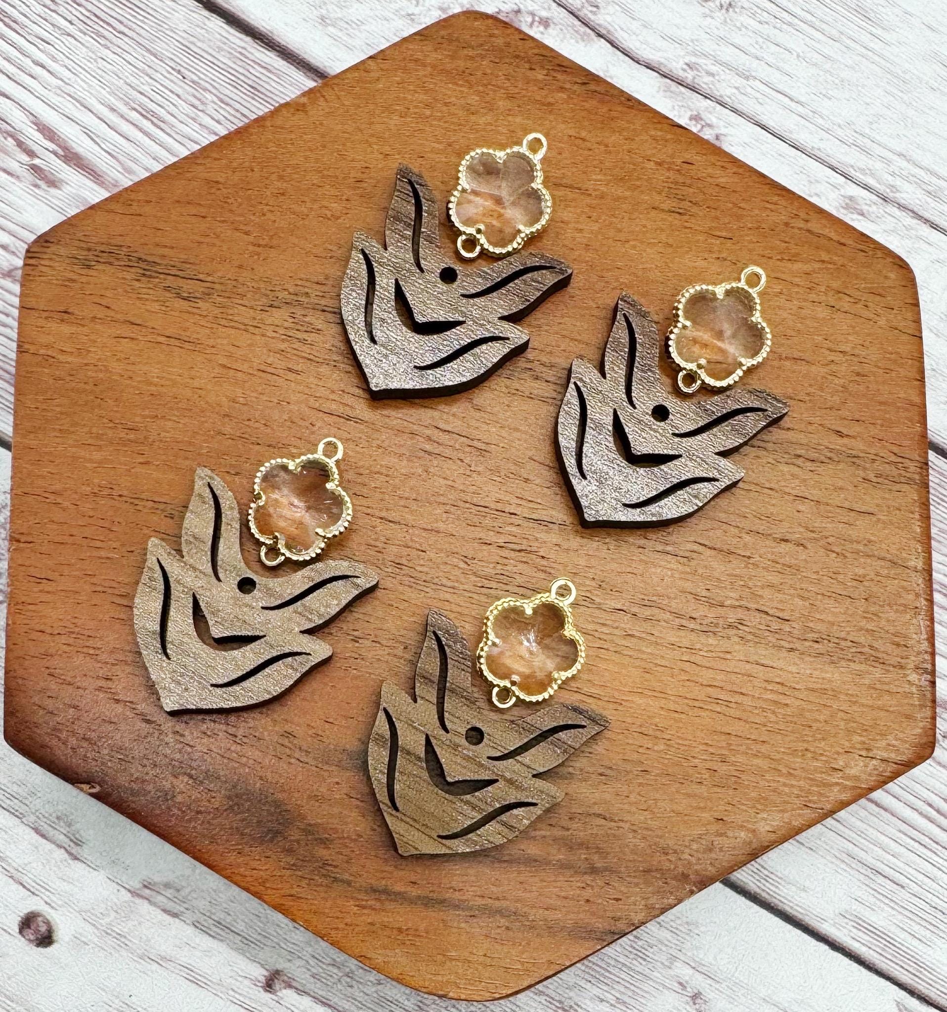 Clear Glass Flower Connector and Walnut Stem Set, Earring Blanks, DIY Jewelry Making