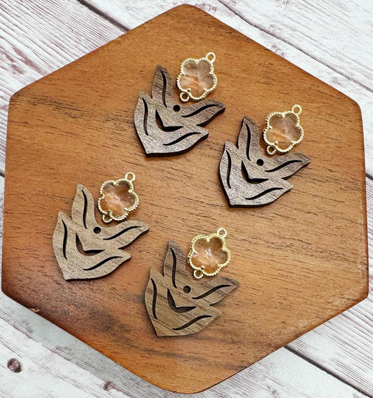 Clear Glass Flower Connector and Walnut Stem Set, Earring Blanks, DIY Jewelry Making