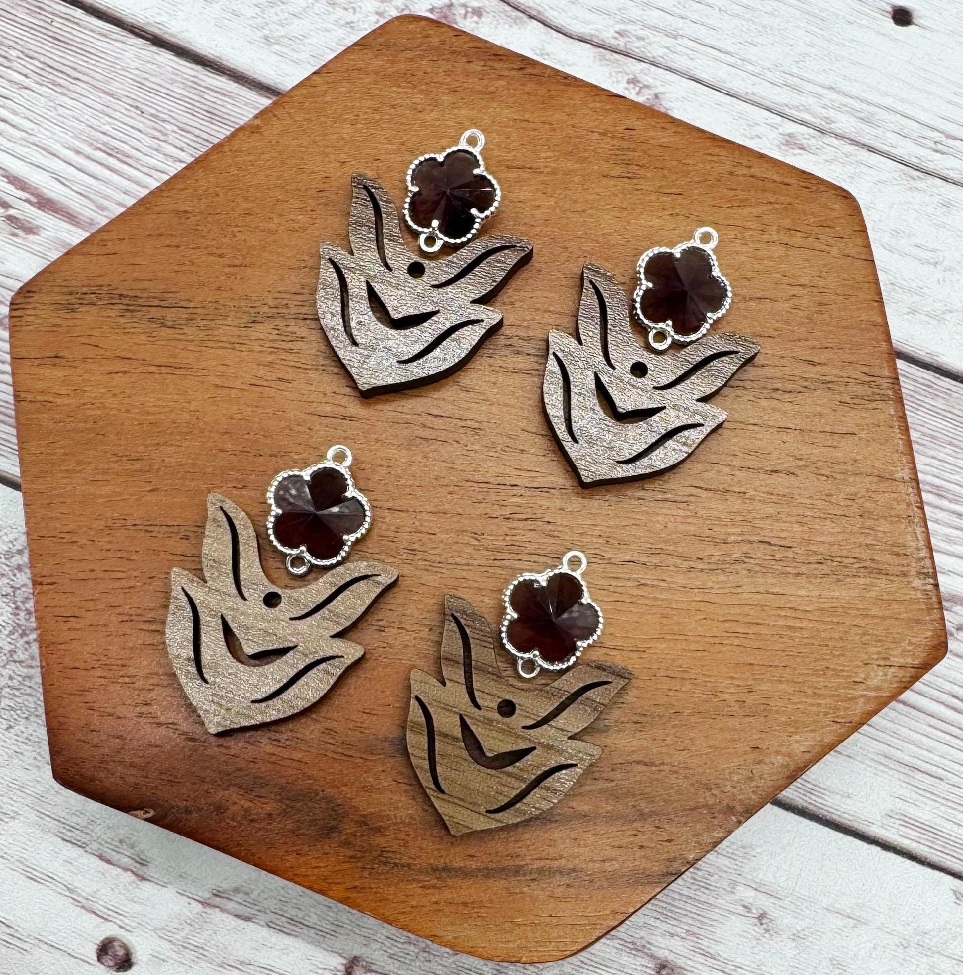Indigo Dark Purple Glass Flower Connector and Walnut Stem Set, Earring Blanks, DIY Jewelry Making