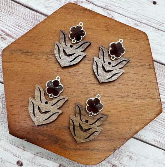 Indigo Dark Purple Glass Flower Connector and Walnut Stem Set, Earring Blanks, DIY Jewelry Making