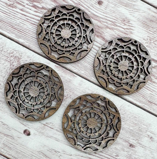Wood Mandala Flower Circle Earring Blanks, Finished Walnut Blank, DIY Jewelry Making