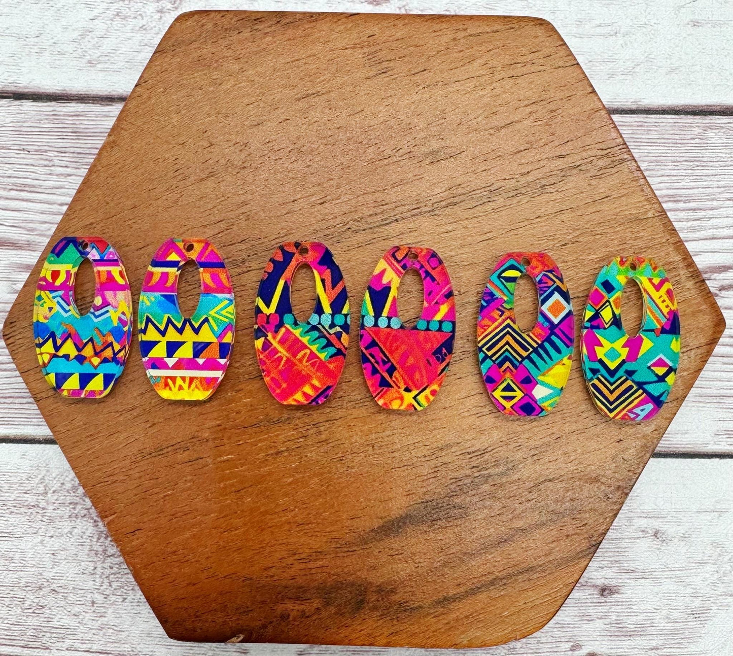 Set of 3 Pair Bright Aztec Southwest Print Mini Rounded Rectangle Earring Blanks, DIY Jewelry Making