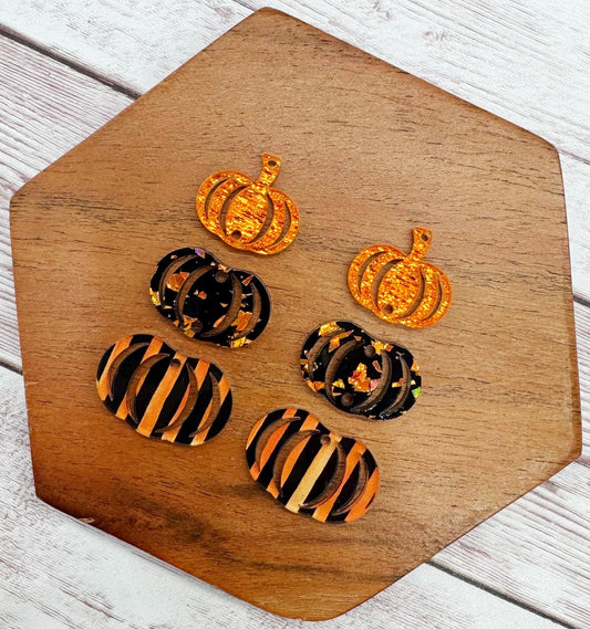 Striped, Glitter, and Shimmer Stacked Pumpkin Trio Acrylic Earring Blanks, DIY Jewelry Making