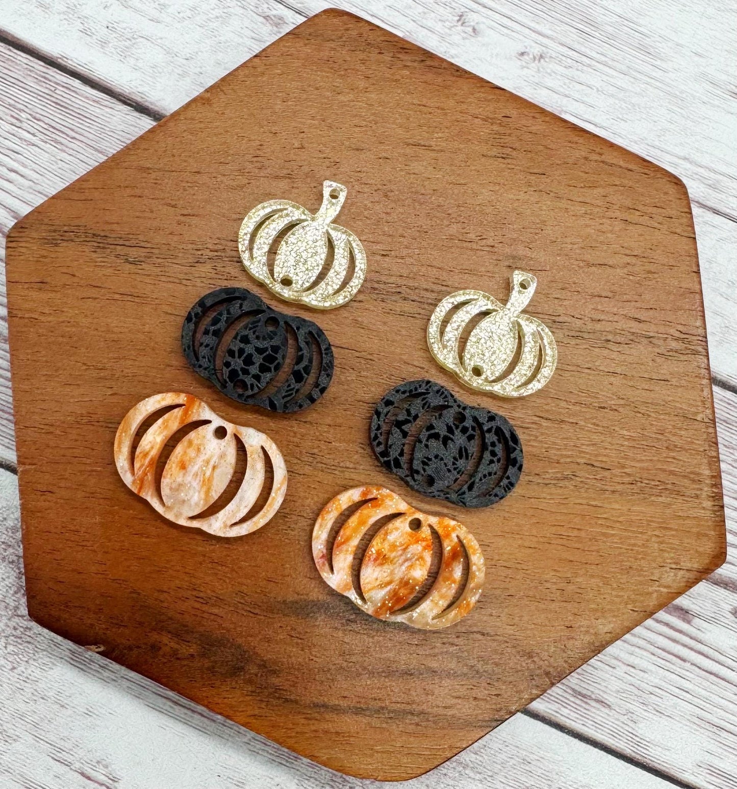 Orange Swirl Glitter, Black Lace, and Gold Shimmer Stacked Pumpkin Trio Acrylic Earring Blanks, DIY Jewelry Making