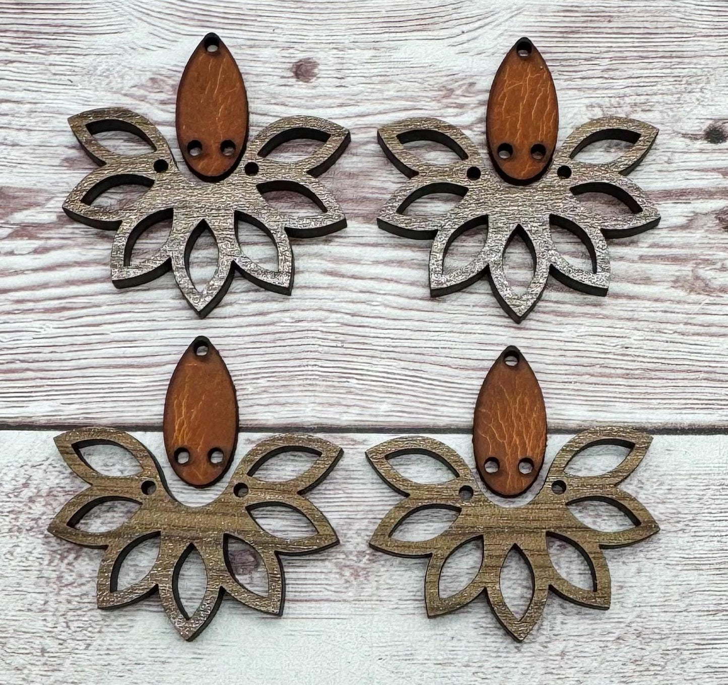 Wood Flower and Vegetable Tanned Leather Connector Set Earring Blanks, Finished Walnut Blank, DIY Jewelry Making